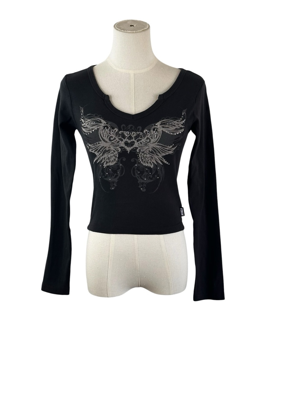 Minga London Black Rhinestone Butterfly Long Sleeve Top Women’s M Y2K